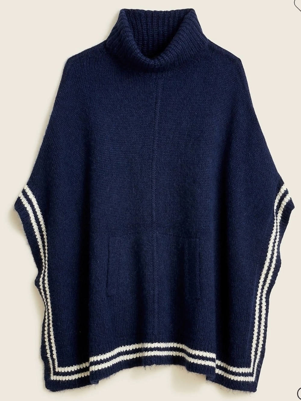 J.Crew Navy Blue Merino Wool Alpaca Blend Relaxed Turtleneck Poncho Sweater.